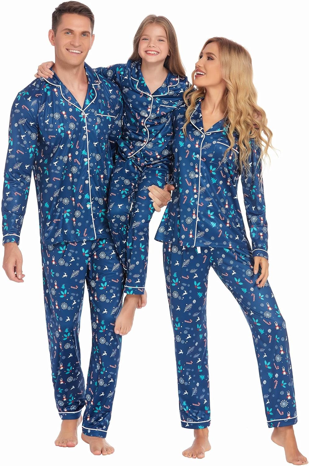 Christmas Family Matching Pajamas - Long Sleeve Button Down PJ Set Navy Blue Xmas Tree Women