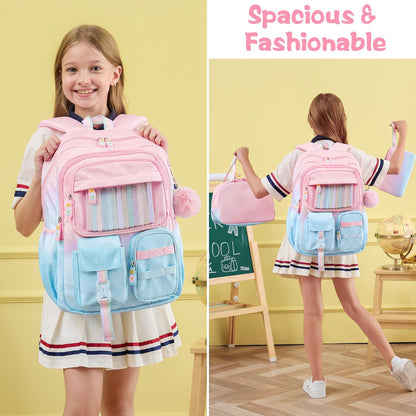 Girls School Backpack Set 3-Piece - Waterproof Kids Backpack with Lunch Box