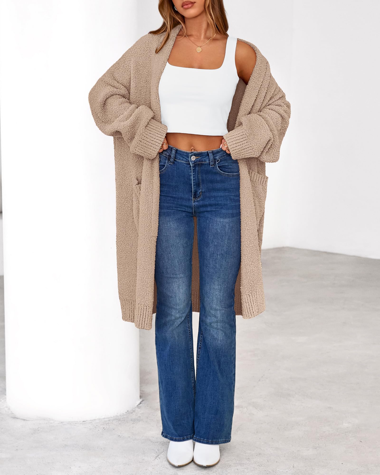 Women's Long Cardigan Sweater - Open Front Oversized Knit Coat with Pockets