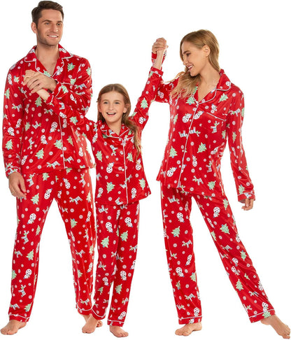 Christmas Family Matching Pajamas - Long Sleeve Button Down PJ Set Red Xmas Tree
