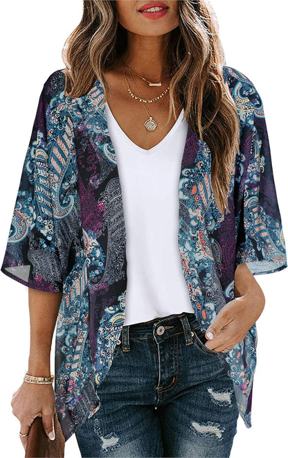 Floral Print Kimono Cardigan Women Puff Sleeve Cover Up Casual Blouse Loose Top Boho Purple