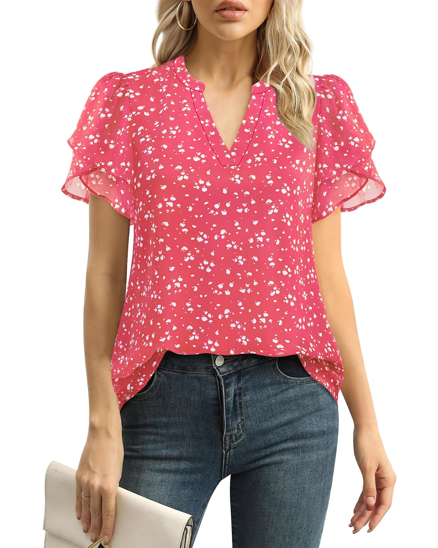 Polyester Blouses - Women's Chiffon Blouse V-Neck Puff Sleeve Summer Top for Work and Casual Wear Raspberry Pink Dot
