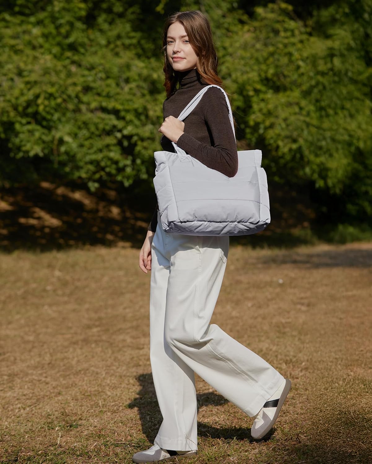 Women's Quilted Tote Bag Lightweight Puffy Shoulder Bag with Compartments