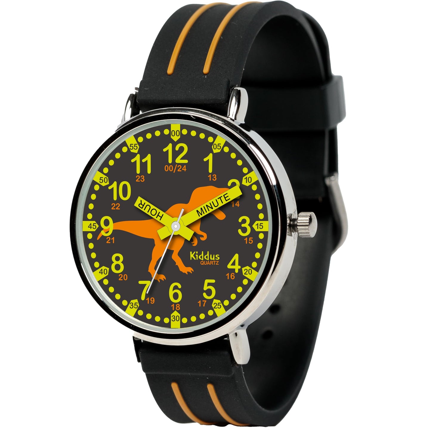 Kids Time Teacher Watch - Educational Analog Watch with Japanese Quartz Movement Ages 5-12 A. English Handles 04 DINO. Black&Orange w Handles written