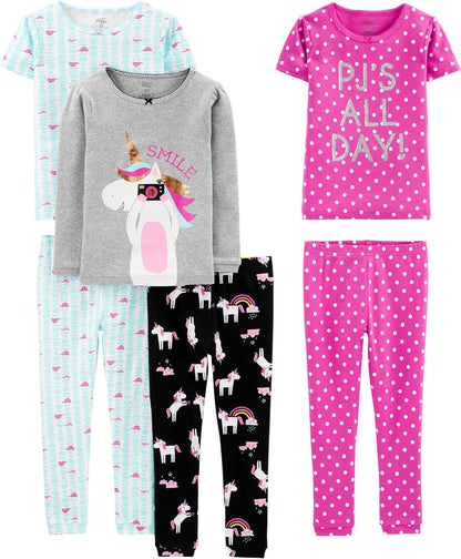 Girls Cotton Pajama Set 6-Piece - Snug Fit PJ Pack for Babies Toddlers
