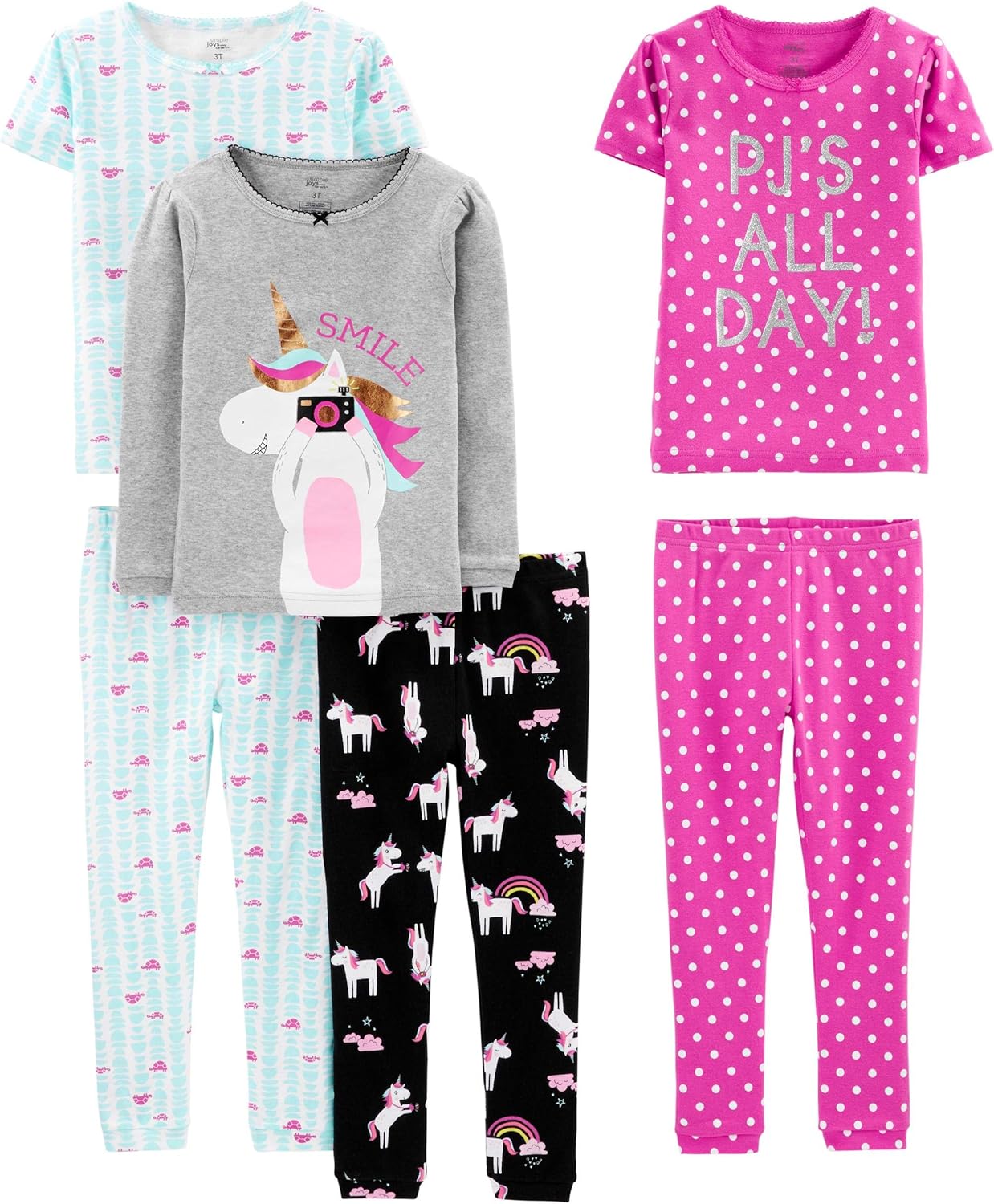 Girls Cotton Pajama Set 6-Piece - Snug Fit PJ Pack for Babies Toddlers Black Unicorn Blue Tortoise Grey Heather Pink Polka Dot