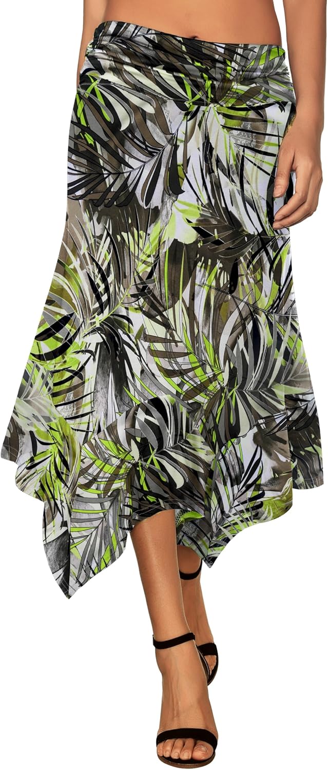 Women's Flowy Handkerchief Hemline Midi Skirt - Elastic Waist Asymmetrical Hem