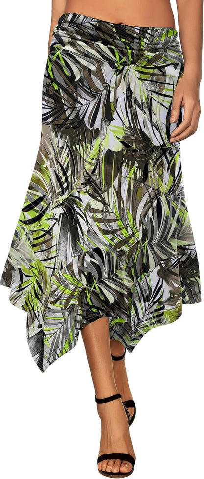 Women's Flowy Handkerchief Hemline Midi Skirt - Elastic Waist Asymmetrical Hem Tropical Leaves