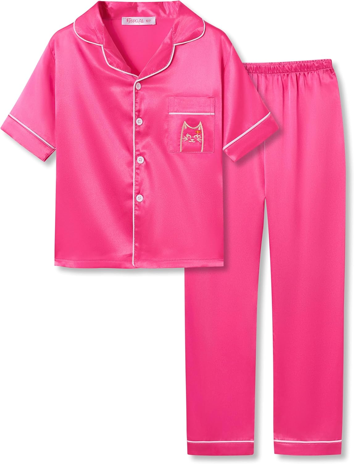 Girls Satin Pajama Set - Silky Button Down PJ with Shorts Size 6-16 Neon Pink (Short Sleeve & Pants)