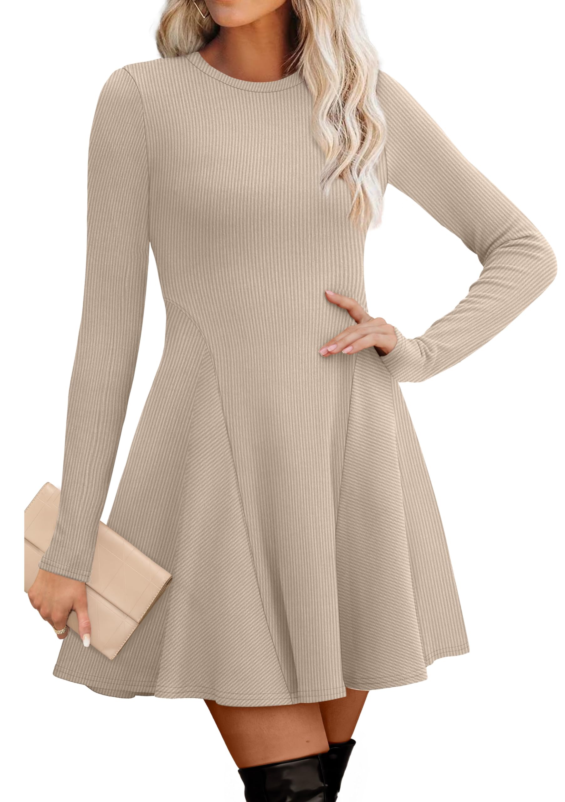 Women's Sweater Dress - Long Sleeve Ribbed Knit Fit and Flare A-Line Dress