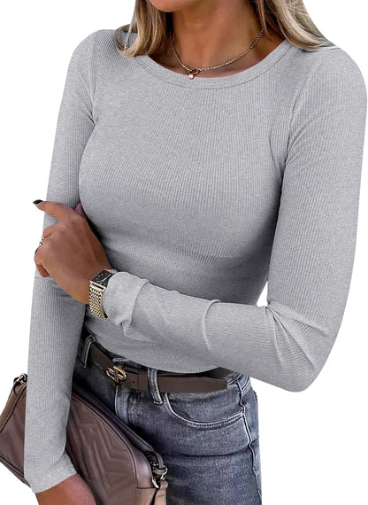 Women's Long Sleeve Rib Knit Shirt Slim Fit Crew Neck Basic Tee Grey