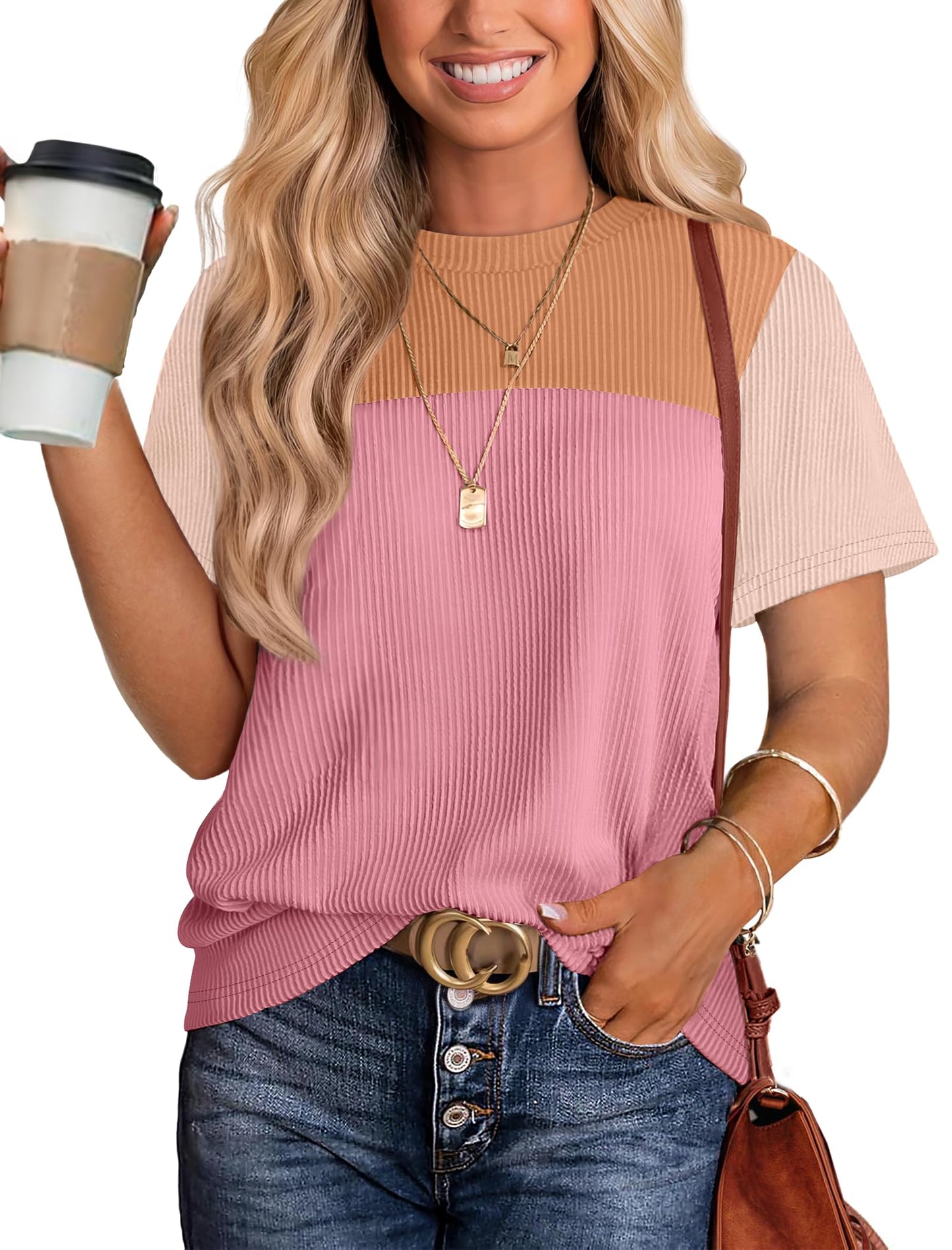 Women's Color Block Knit Shirt Short Sleeve Crewneck Top