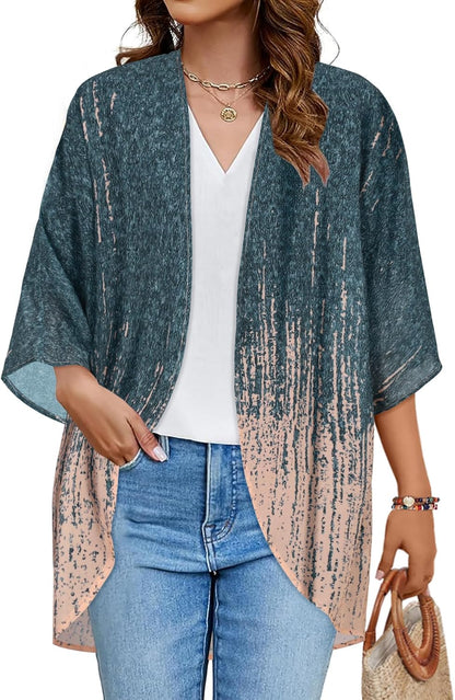 Floral Print Kimono Cardigan Women Puff Sleeve Cover Up Casual Blouse Loose Top 3X-Large Grey Coral