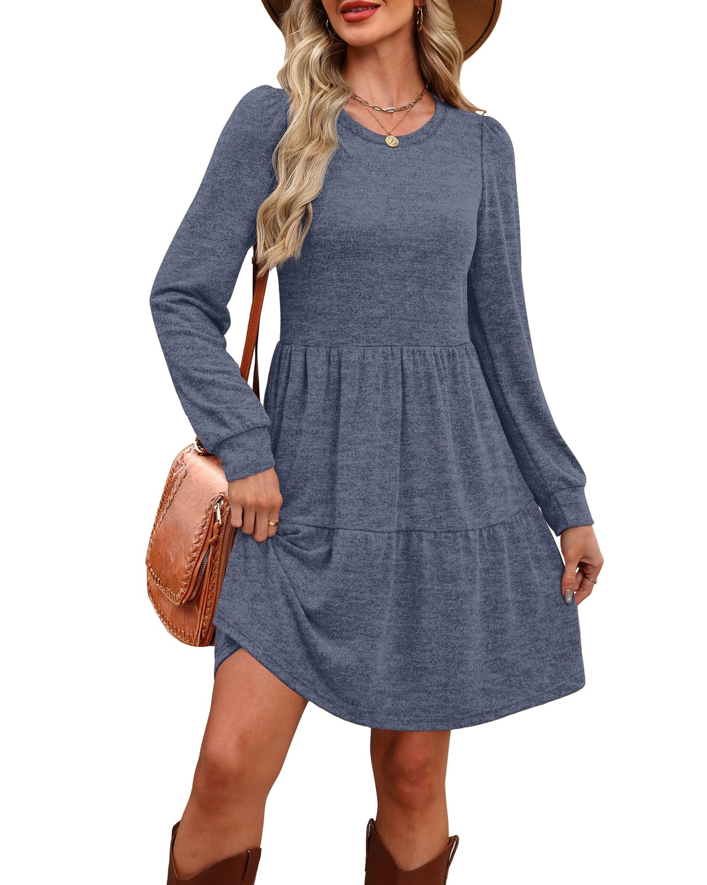 Women's Long Sleeve Fall Dresses with Pockets - Crew Neck Babydoll Casual Dress