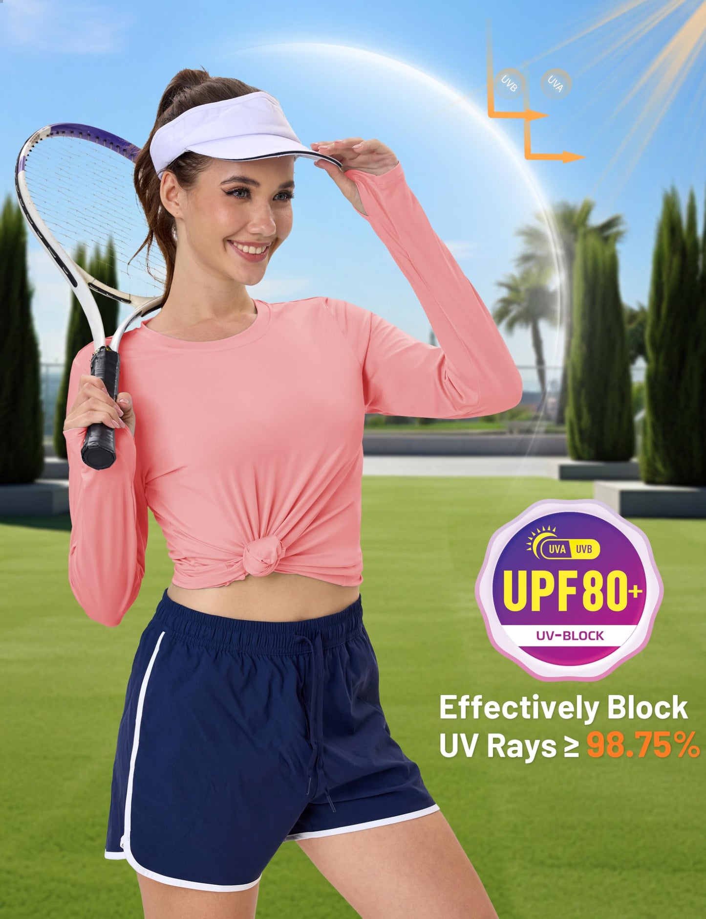 Women's UPF 80+ Long Sleeve Rash Guard - Quick Dry Athletic Shirt with Thumb Holes