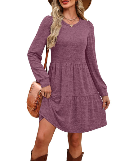 Women's Long Sleeve Fall Dresses with Pockets - Crew Neck Babydoll Casual Dress