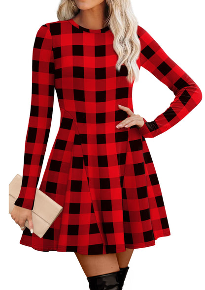 Women's Sweater Dress - Long Sleeve Ribbed Knit Fit and Flare A-Line Dress Plaid 2