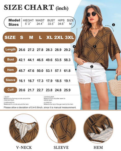 Big & Tall Clothing - Women's 3/4 Sleeve V-Neck Bohemian Peasant Blouse Loose Fit Tunic Top