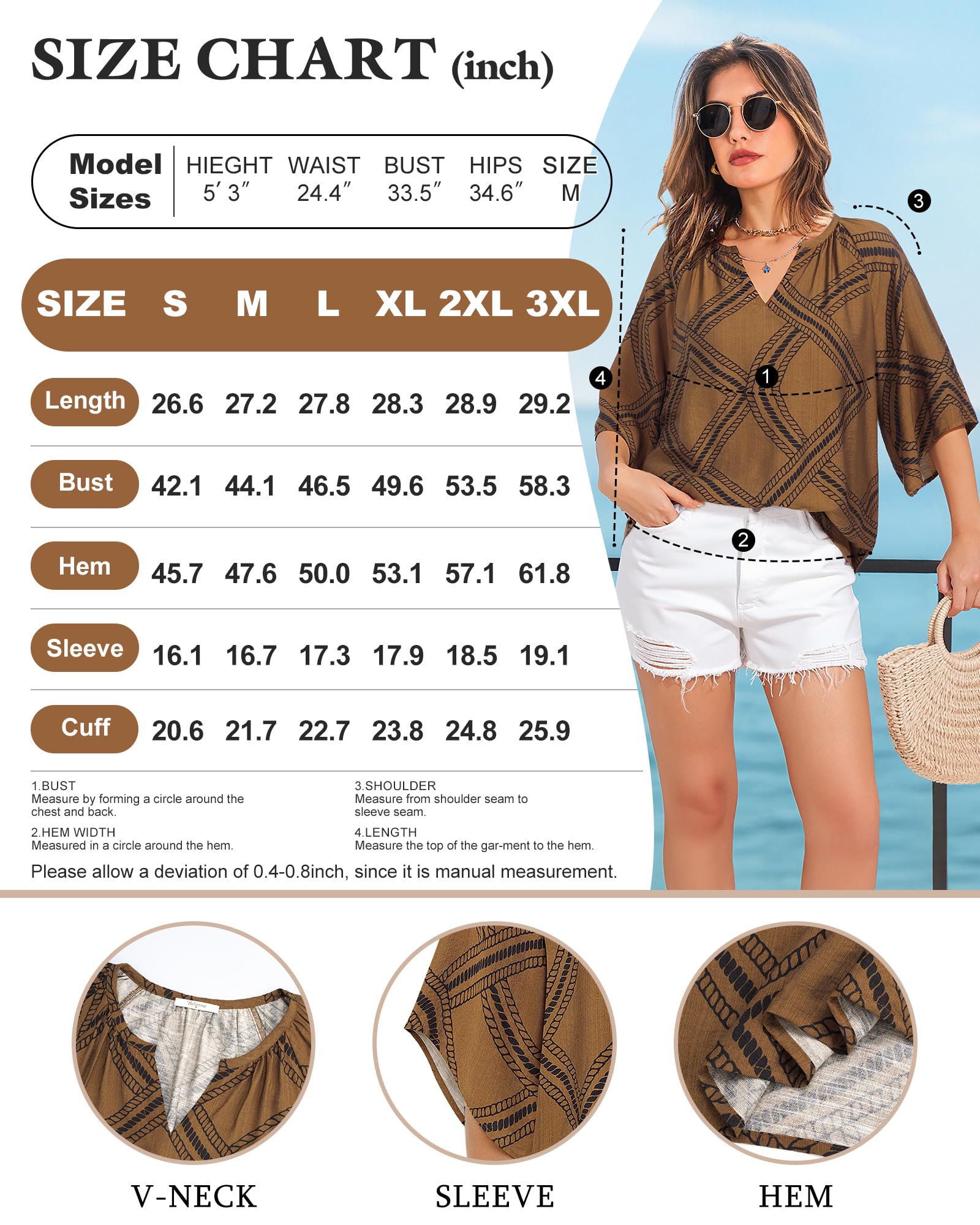 Big & Tall Clothing - Women's 3/4 Sleeve V-Neck Bohemian Peasant Blouse Loose Fit Tunic Top