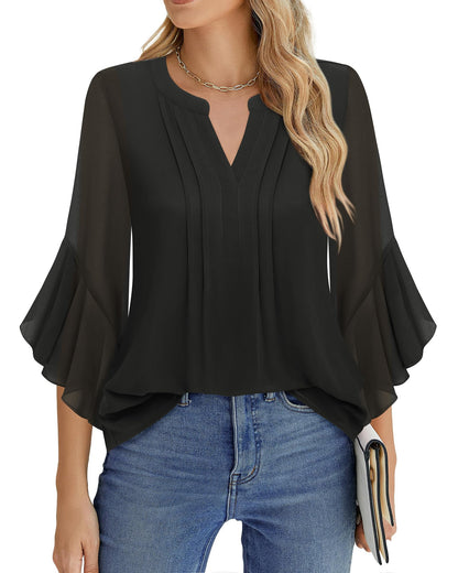 Beautiful Blouses For Ladies - Women's 3/4 Sleeve Chiffon Blouse Dressy Business Casual Work Shirt Black
