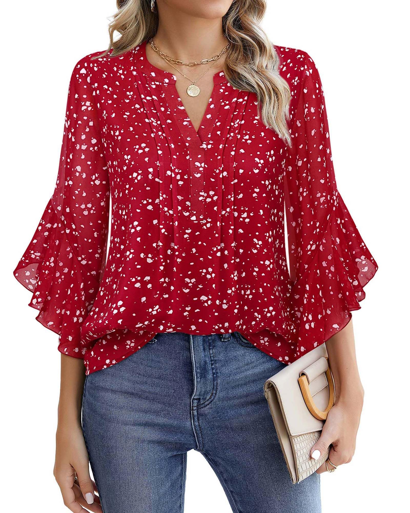 Beautiful Blouses For Ladies - Women's 3/4 Sleeve Chiffon Blouse Dressy Business Casual Work Shirt