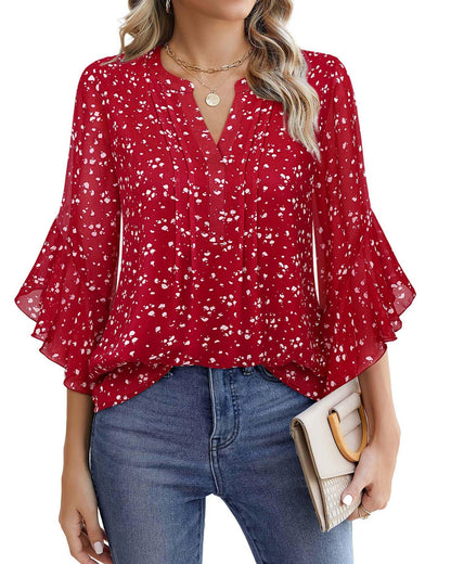 Beautiful Blouses For Ladies - Women's 3/4 Sleeve Chiffon Blouse Dressy Business Casual Work Shirt Spotted Red