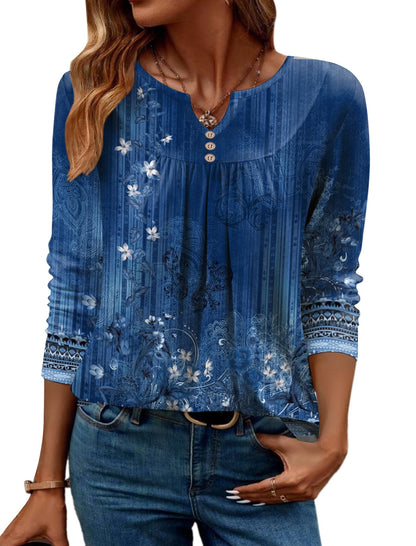 Women Long Sleeve V Neck Blouse - Casual Dressy Work Tunic Top with Pleated Detail 2025 A01-blue Print