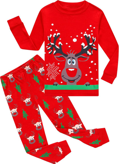 Kids Cotton Pajamas 2 Piece Set - Soft Sleepwear for Boys and Girls Christmas Red Reindeer A4