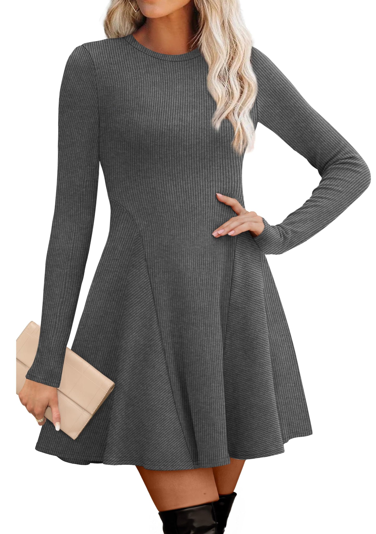 Women's Sweater Dress - Long Sleeve Ribbed Knit Fit and Flare A-Line Dress Dark Grey