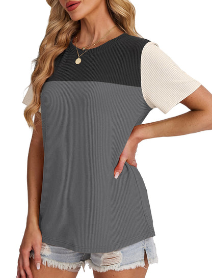 Women's Color Block Knit Shirt Short Sleeve Crewneck Top