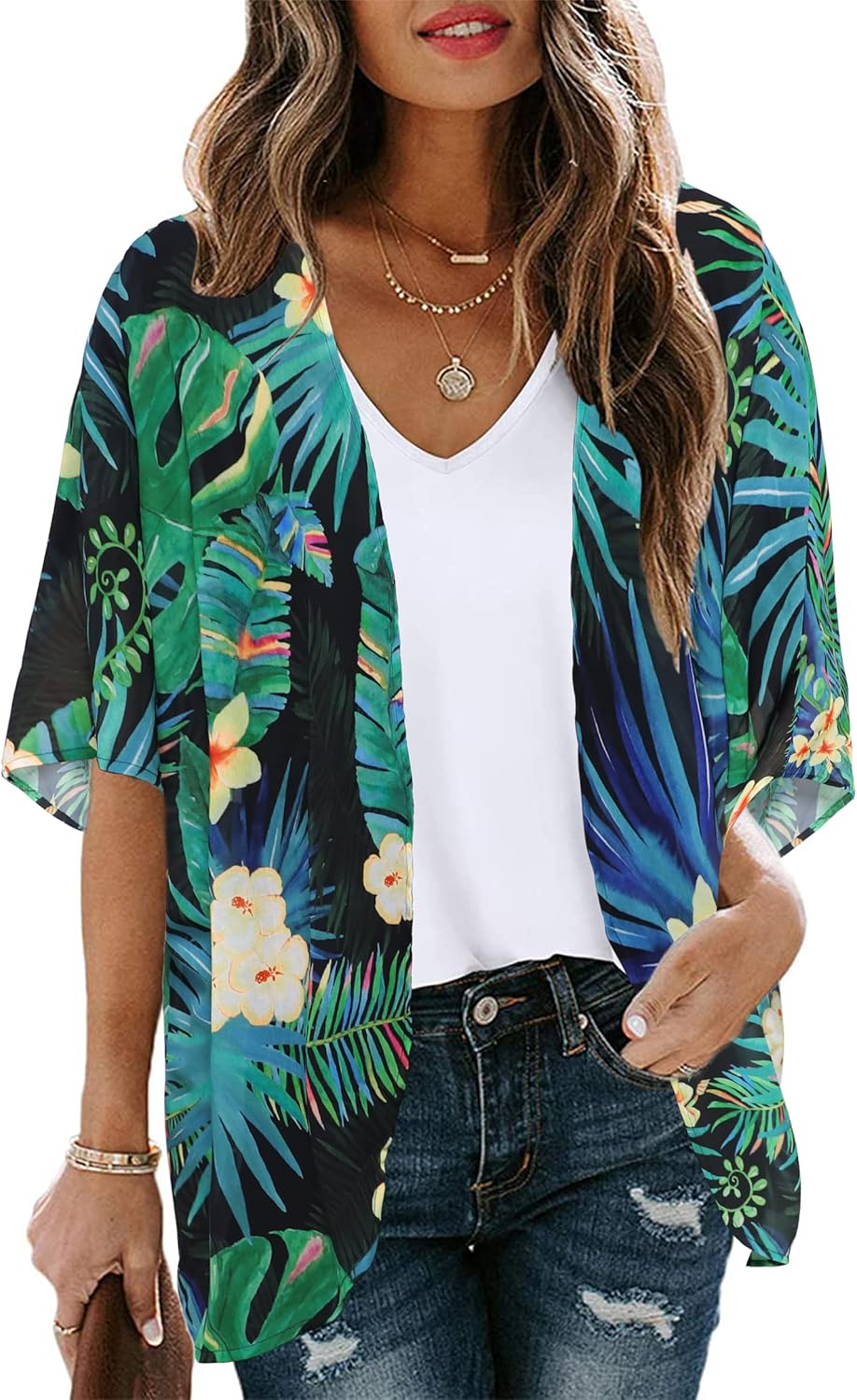 Floral Print Kimono Cardigan Women Puff Sleeve Cover Up Casual Blouse Loose Top Black Green Tropical