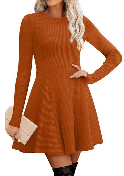 Women's Sweater Dress - Long Sleeve Ribbed Knit Fit and Flare A-Line Dress