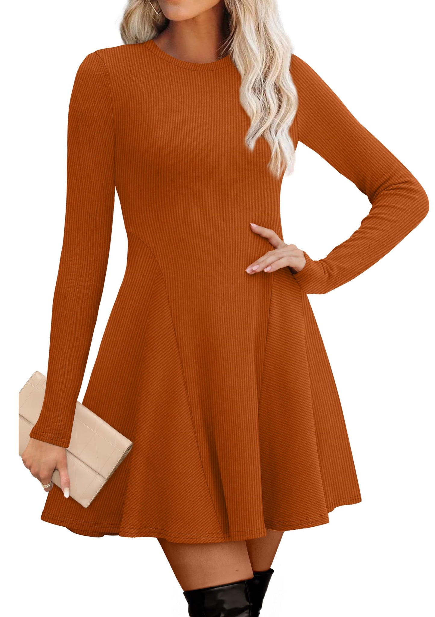 Women's Sweater Dress - Long Sleeve Ribbed Knit Fit and Flare A-Line Dress Caramel