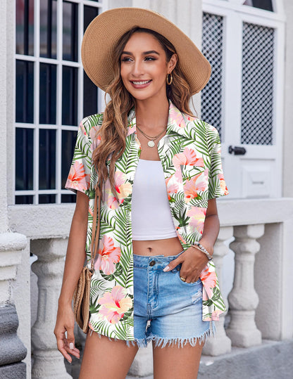 Polyester Blouse - Women's Button Down Shirt Short Sleeve Business Casual Blouse with Chest Pocket