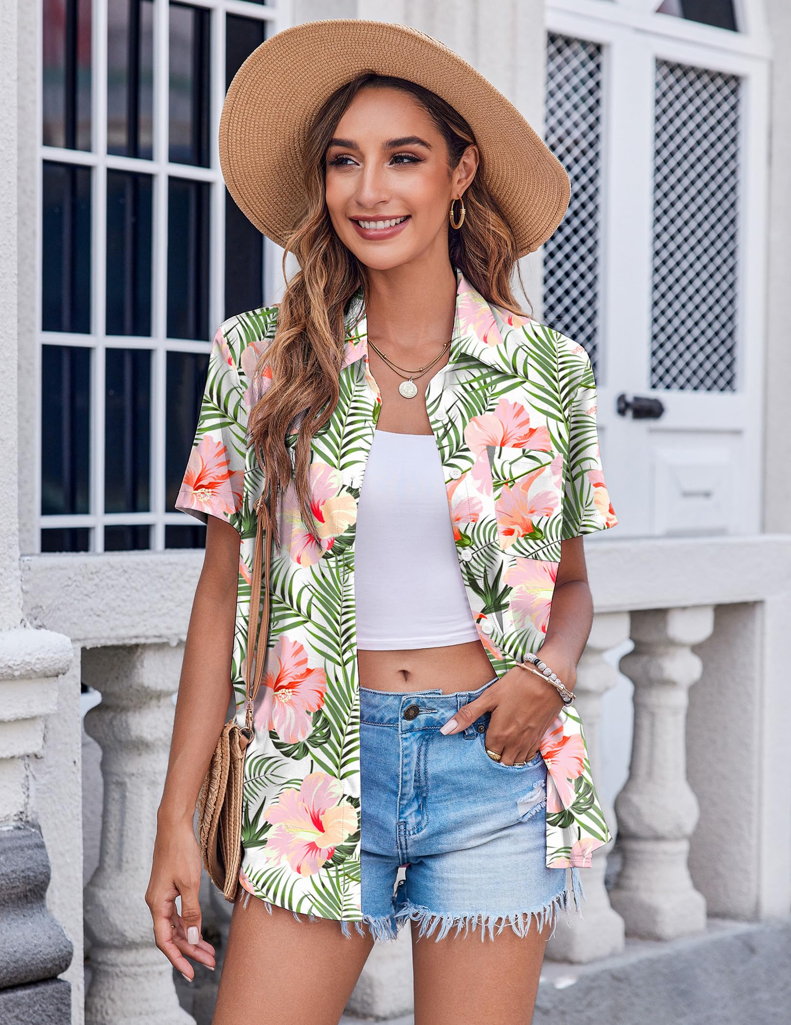 Polyester Blouse - Women's Button Down Shirt Short Sleeve Business Casual Blouse with Chest Pocket