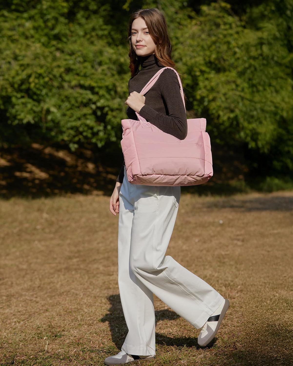 Women's Quilted Tote Bag Lightweight Puffy Shoulder Bag with Compartments
