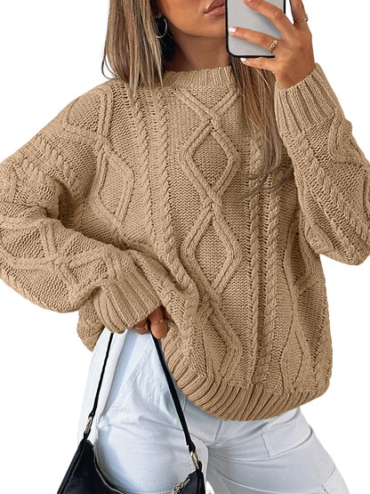 Women's Oversized Cable Knit Crewneck Sweaters - Cozy Fall Pullover