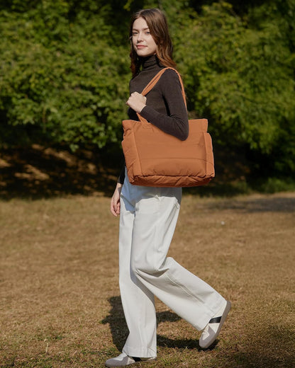 Women's Quilted Tote Bag Lightweight Puffy Shoulder Bag with Compartments