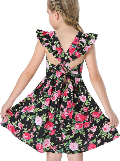 Girls Floral Cotton Dress - Sleeveless Summer Dress with Zipper Closure
