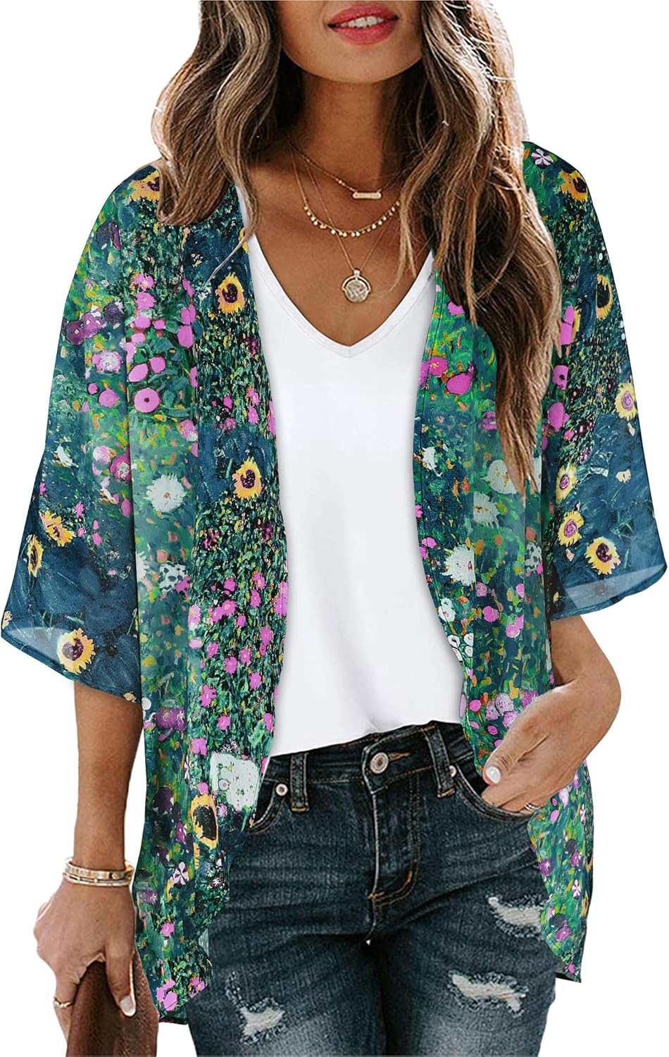 Floral Print Kimono Cardigan Women Puff Sleeve Cover Up Casual Blouse Loose Top X-Large Green