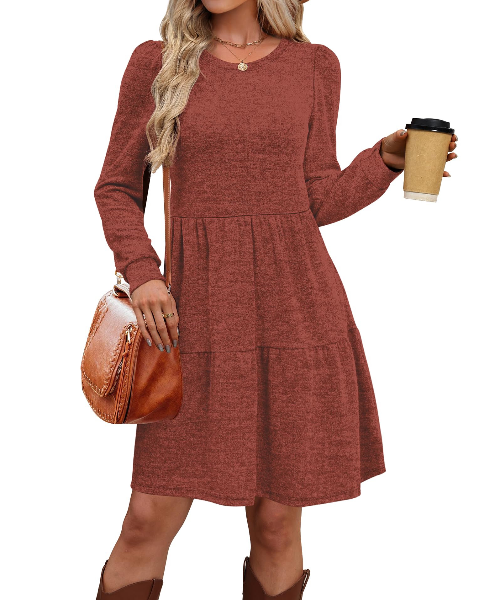Women's Long Sleeve Fall Dresses with Pockets - Crew Neck Babydoll Casual Dress