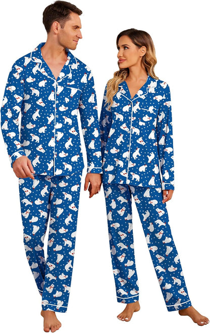 Christmas Family Matching Pajamas - Long Sleeve Button Down PJ Set Blue Bear