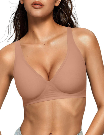 Wireless Deep V Bra Comfortable Supportive Push Up Bralette No Underwire T-Shirt Bra Latte