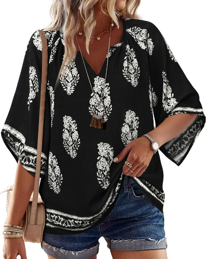 Big & Tall Clothing - Women's 3/4 Sleeve V-Neck Bohemian Peasant Blouse Loose Fit Tunic Top