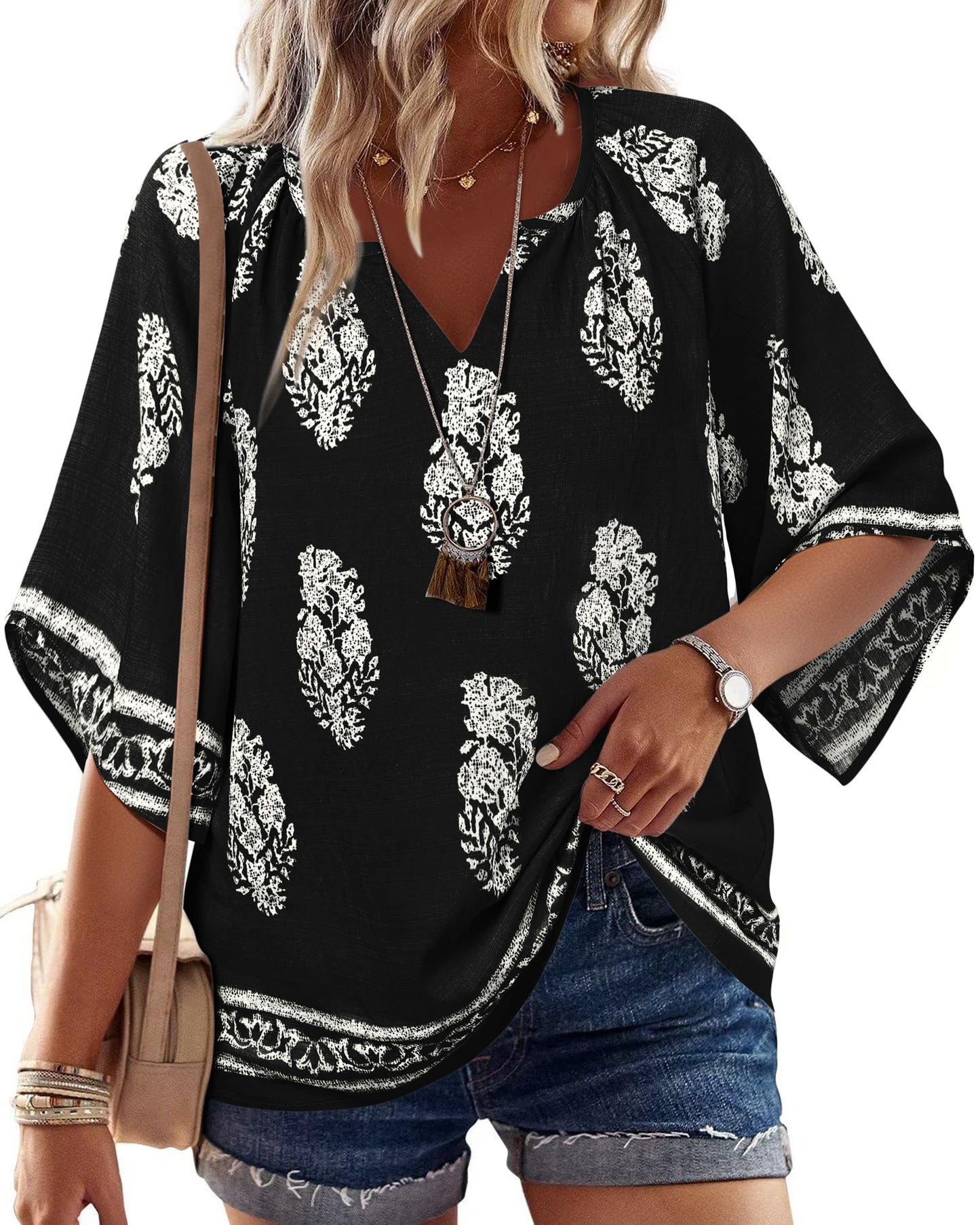 Big & Tall Clothing - Women's 3/4 Sleeve V-Neck Bohemian Peasant Blouse Loose Fit Tunic Top Multi Black
