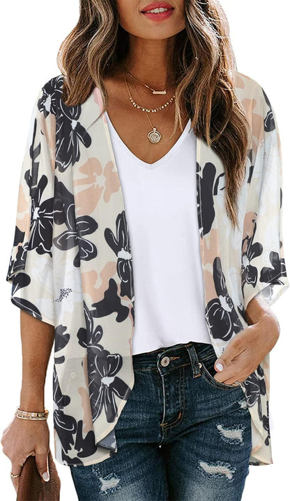 Floral Print Kimono Cardigan Women Puff Sleeve Cover Up Casual Blouse Loose Top