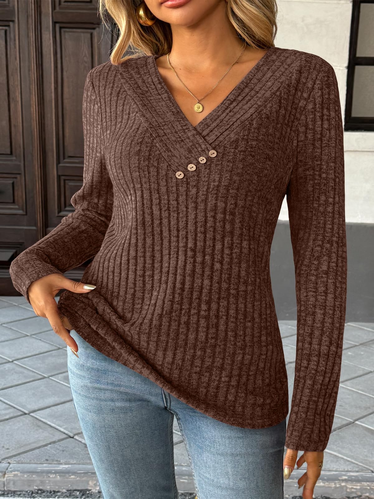 Women's Long Sleeve V Neck Tunic Tops - Dressy Casual Work Blouse Sweater