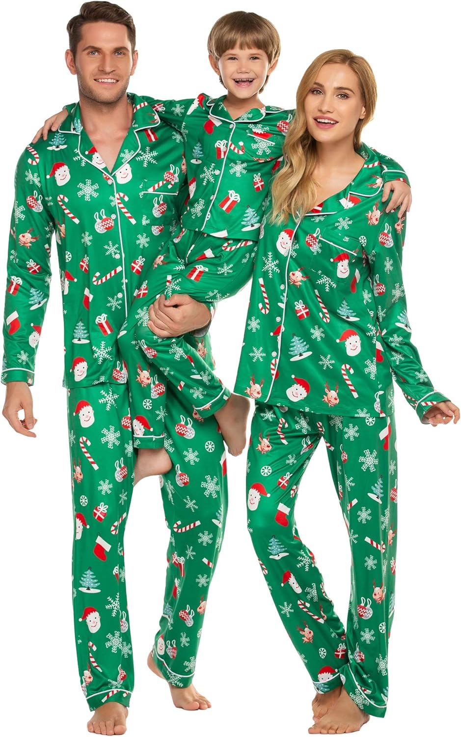 Christmas Family Matching Pajamas - Long Sleeve Button Down PJ Set Green Santa Claus