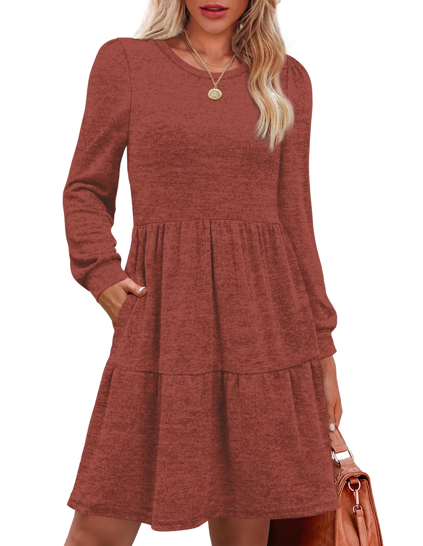 Women's Long Sleeve Fall Dresses with Pockets - Crew Neck Babydoll Casual Dress Caramel
