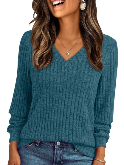 V Neck Long Sleeve Sweater for Women - Loose Fit Tunic Top for Fall & Winter